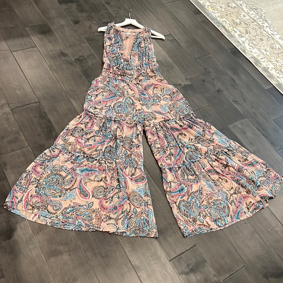 Free People Metallic Tan Gold Dust Jumpsuit Wide Leg Smocked Lined M  NWOT - Picture 2 of 16